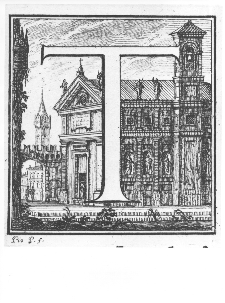 elemento decorativo (lettera T) e veduta di città (stampa, serie) di Panfili Pio, Zanotti Cavazzoni Giampietro (sec. XVIII)