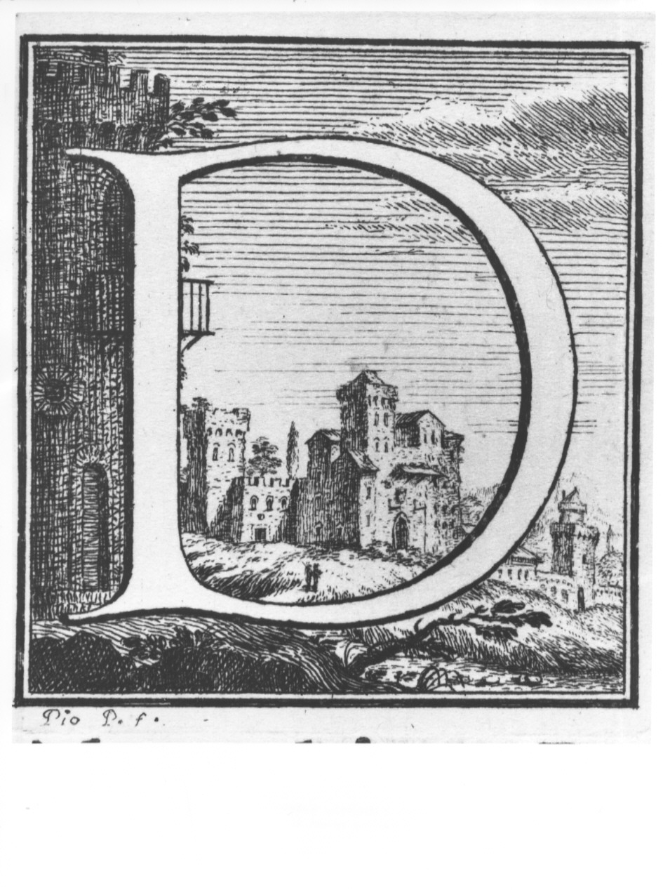elemento decorativo (lettera D) e paesaggio con architetture (stampa, serie) di Panfili Pio, Zanotti Cavazzoni Giampietro (sec. XVIII)