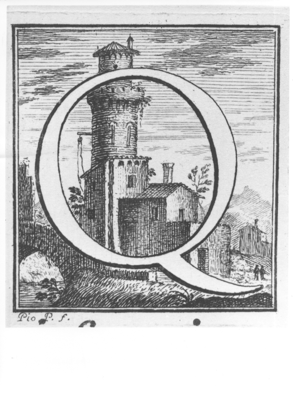 elemento decorativo (lettera Q) e paesaggio con architetture (stampa, serie) di Panfili Pio, Zanotti Cavazzoni Giampietro (sec. XVIII)