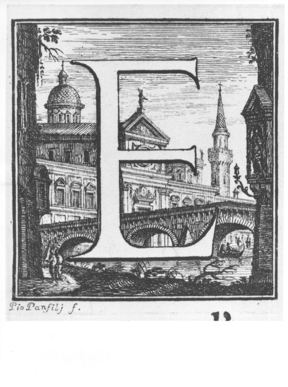 elemento decorativo (lettera E) e veduta di città (stampa, serie) di Panfili Pio, Zanotti Cavazzoni Giampietro (sec. XVIII)