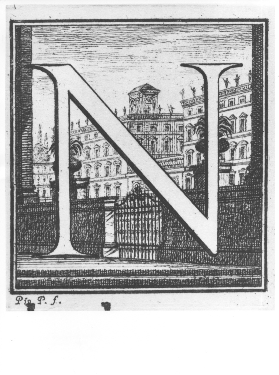 elemento decorativo (lettera N) e veduta di città (stampa, serie) di Panfili Pio, Zanotti Cavazzoni Giampietro (sec. XVIII)