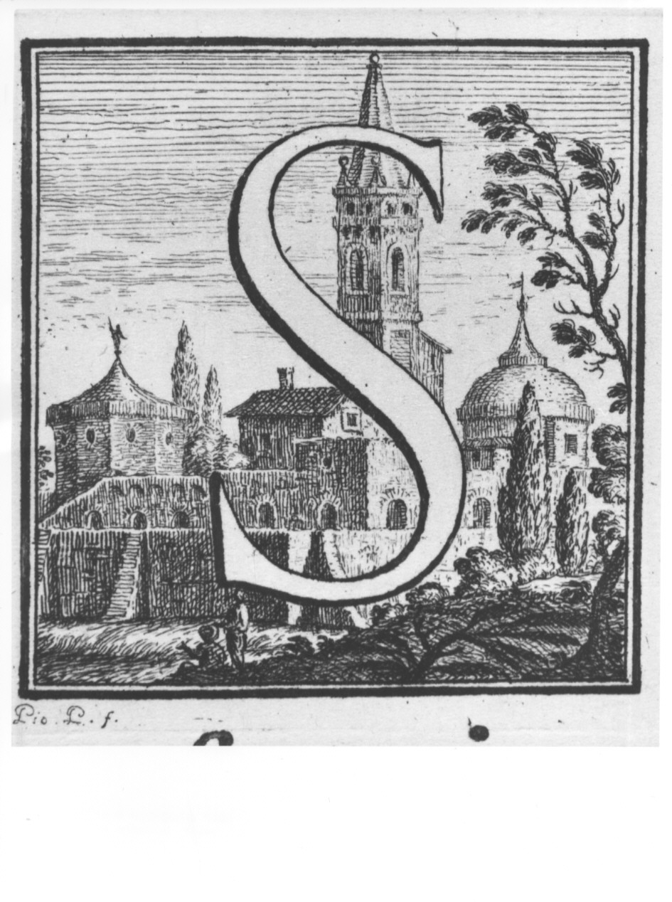 elemento decorativo (lettera S) e veduta di città (stampa, serie) di Panfili Pio, Zanotti Cavazzoni Giampietro (sec. XVIII)