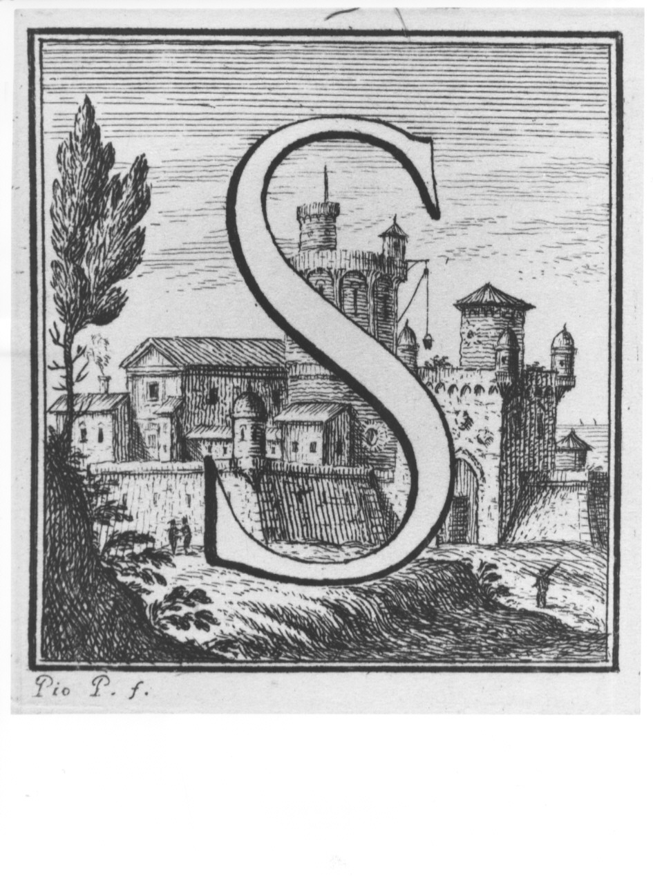 elemento decorativo (lettera S) e veduta di città (stampa, serie) di Panfili Pio, Zanotti Cavazzoni Giampietro (sec. XVIII)