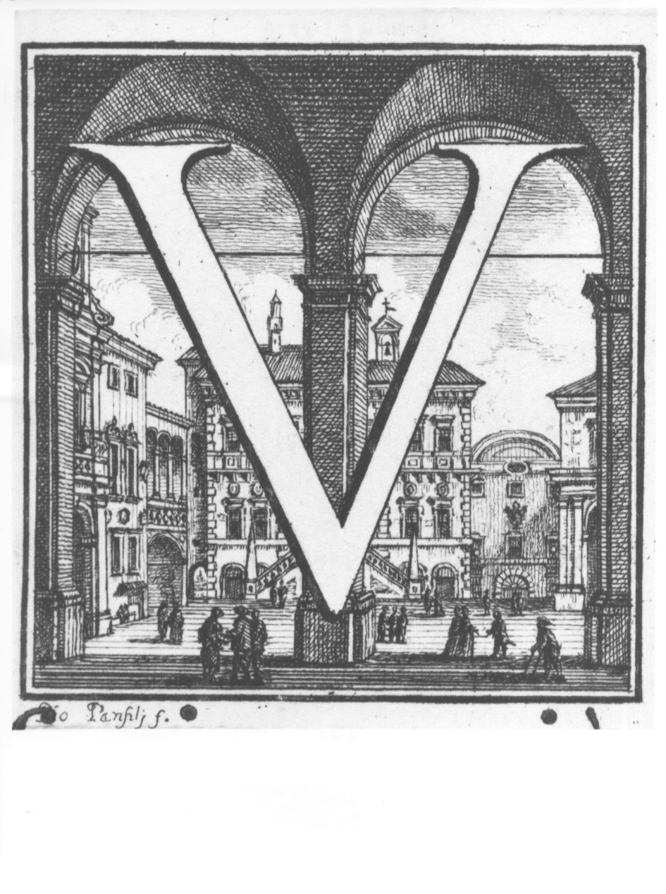 elemento decorativo (lettera V) e veduta di città (stampa, serie) di Panfili Pio, Zanotti Cavazzoni Giampietro (sec. XVIII)