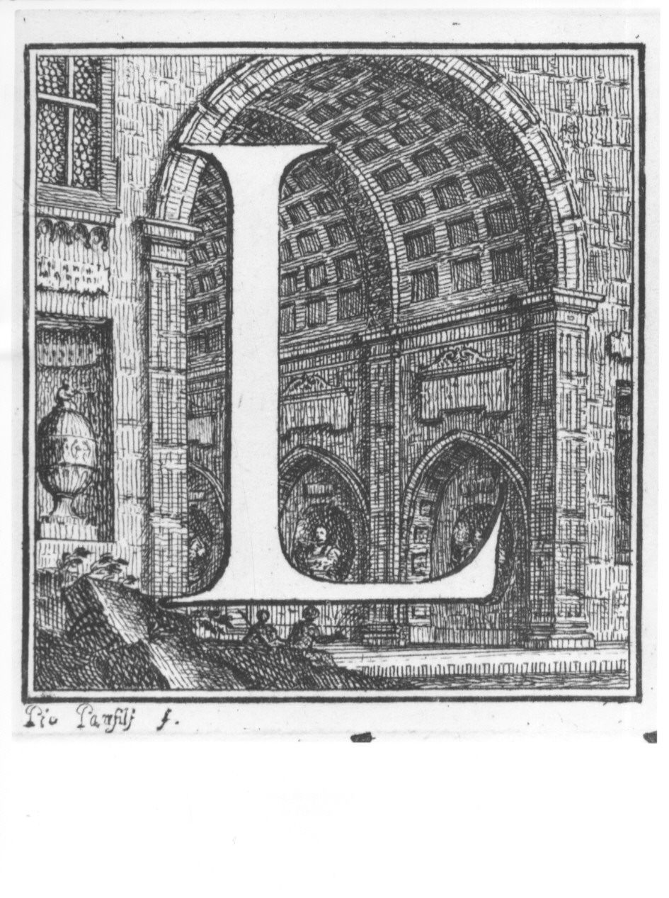 elemento decorativo (lettera L) con interno di palazzo (stampa, serie) di Panfili Pio, Zanotti Cavazzoni Giampietro (sec. XVIII)