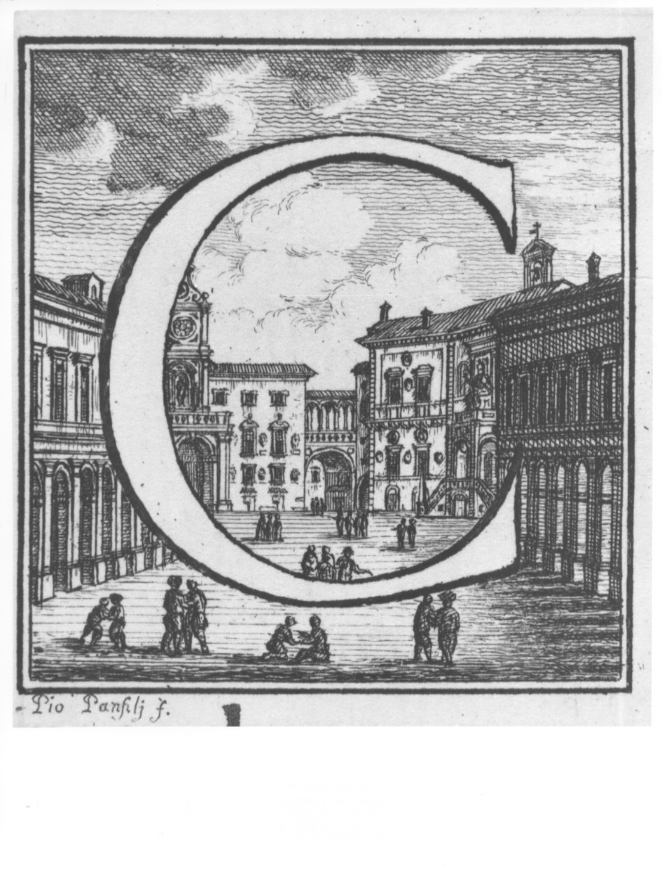 elemento decorativo (lettera C) e veduta di città (stampa, serie) di Panfili Pio, Zanotti Cavazzoni Giampietro (sec. XVIII)