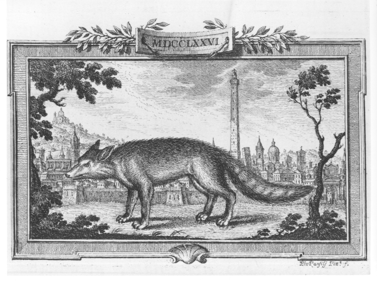 elemento decorativo (marca) e veduta di città (stampa, serie) di Panfili Pio, Zanotti Cavazzoni Giampietro (sec. XVIII)