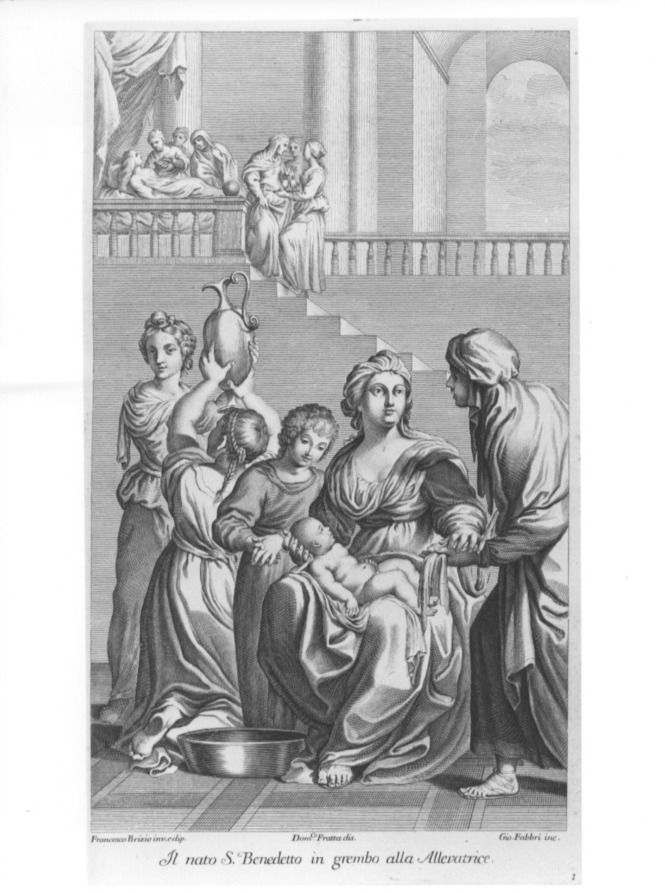 Il nato S. Benedetto in grembo alla Allevatrice, San Benedetto (stampa, serie) di Fabbri Giovanni, Fratta Domenico Maria, Brizio Francesco (sec. XVIII)