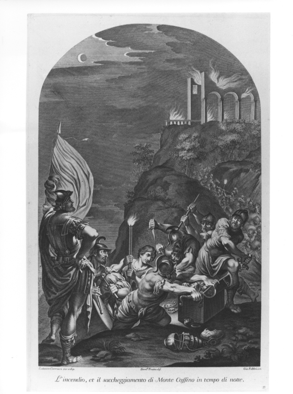 L'incendio, et saccheggiamento di Monte Cassino in tempo di notte, veduta di Monte Cassino (stampa, serie) di Fabbri Giovanni, Fratta Domenico Maria, Carracci Ludovico (sec. XVIII)