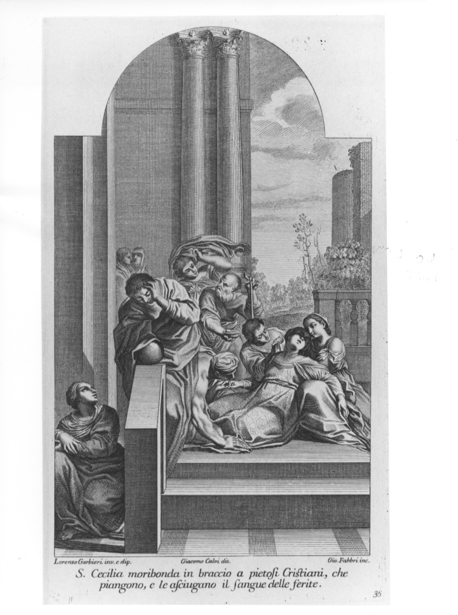 S. Cecilia moribonda in braccio a pietosi Cristiani, che piangono, e le sciugano il sangue delle ferite, morte di Santa Cecilia (stampa, serie) di Fabbri Giovanni, Calvi Jacopo Alessandro detto Sordino, Garbieri Lorenzo (sec. XVIII)