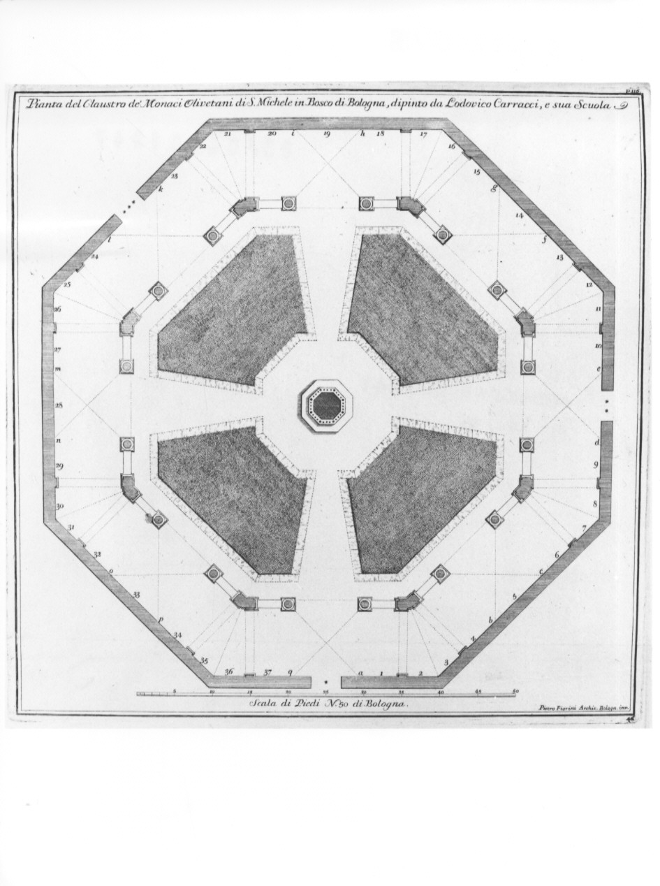 Pianta del Claustro de' Monaci Olivetani di S. Michele in Bosco di Bologna, dipinto da Lodovico Carracci, e la sua Scuola, pianta prospettica del Monastero di San Michele in Bosco a Bologna (stampa, serie) di Fabbri Giovanni, Fiorini Pietro (sec. XVIII)