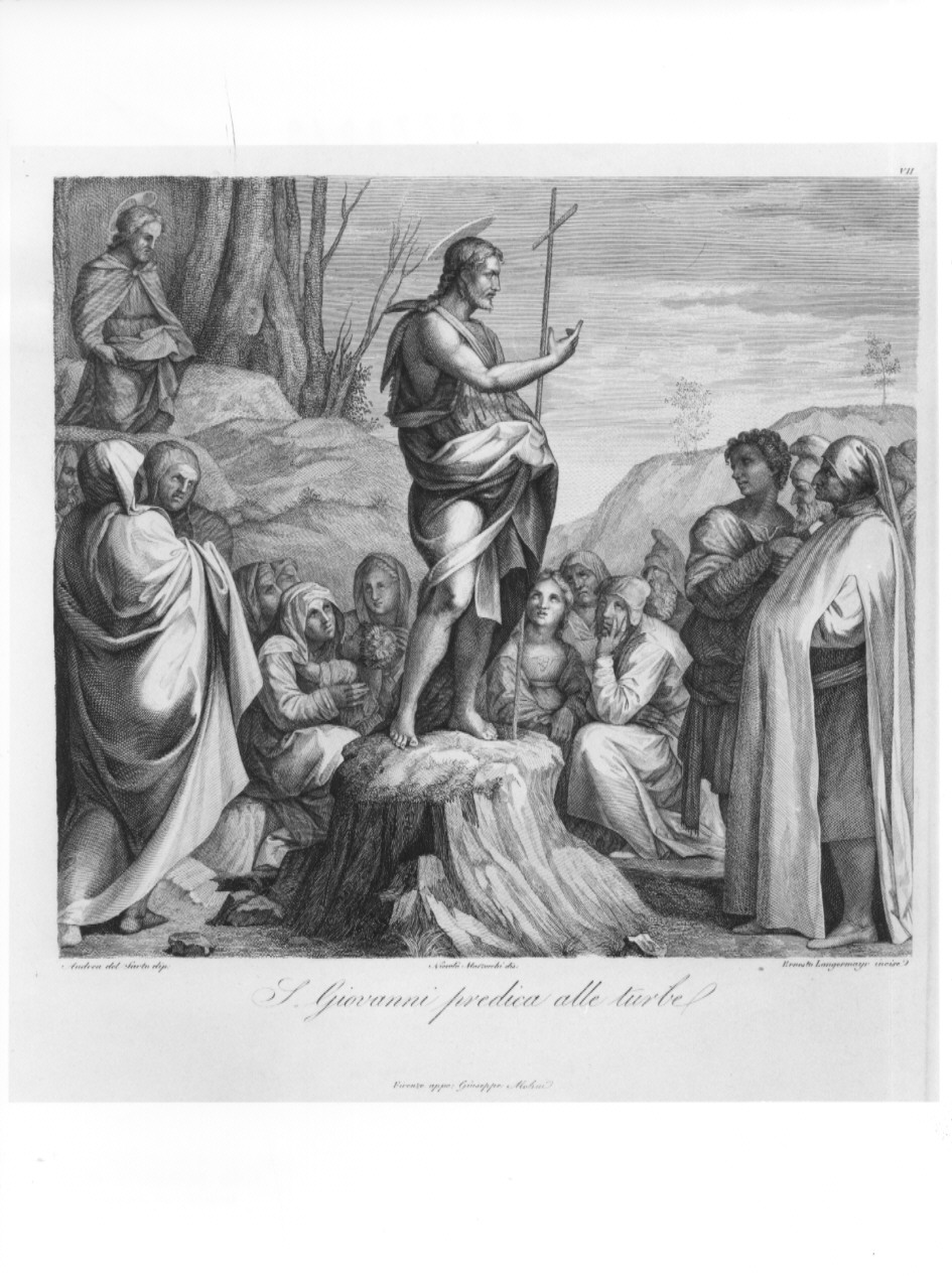 S. Giovanni predica alla turbe, San Giovanni Battista predica nel deserto (stampa, serie) di Langenmayr Ernst, Marzocchi Niccolò, Andrea d'Agnolo detto Andrea del Sarto (sec. XIX)