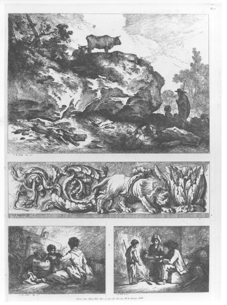 paesaggio con elemento decorativo e scene famigliari (stampa, serie) di Huet Jean Baptiste (sec. XIX)