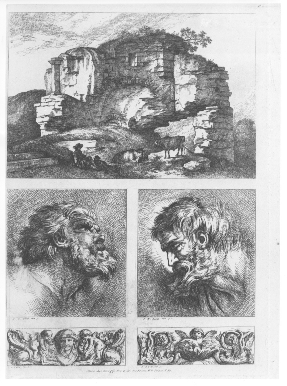 paesaggio con rovine teste d'uomo ed elemento decorativo (stampa, serie) di Huet Jean Baptiste (sec. XIX)