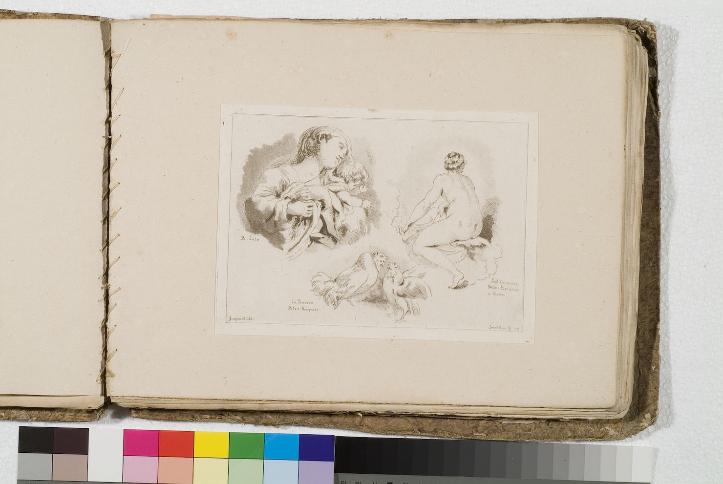 Madonna col Bambino / bagnante / galli (stampa tagliata) di Fragonard Jean Honoré, De Saint-Non Richard Jean Claude, Caliari Paolo detto Veronese, Dal Ponte Jacopo detto Jacopo Bassano (sec. XVIII)