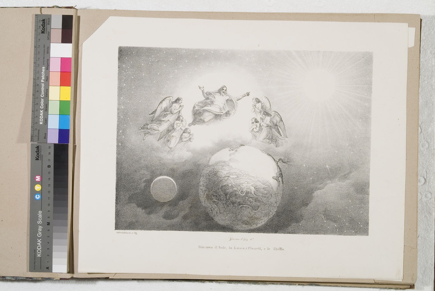 creazione del sole, della luna e degli astri (stampa) di Gallina Gallo (terzo quarto sec. XIX)