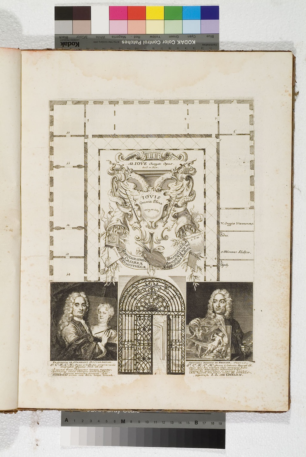 pianta della Galleria / cartiglio / ritratto di Francisco de Stampart / ritratto di Antonio de Prenner (stampa) di De Stampart Francisco, De Prenner Antonio (sec. XVIII)