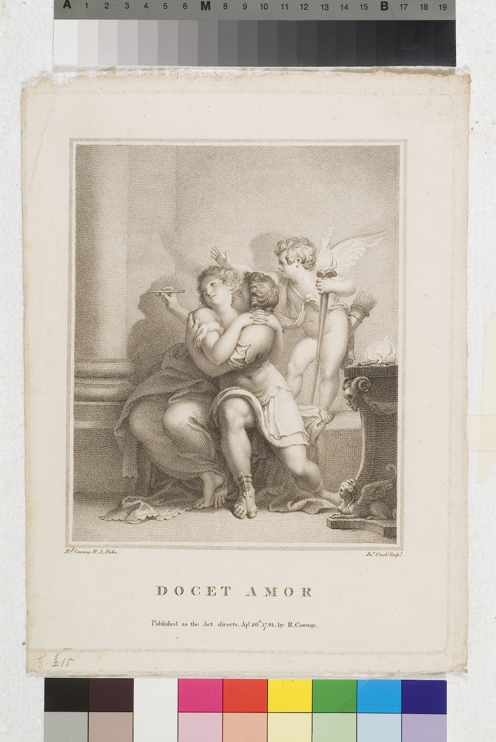 Docet Amor, Cupido con coppia di giovani amanti (stampa smarginata) di Cosway Richard, Condé Jean (sec. XVIII)