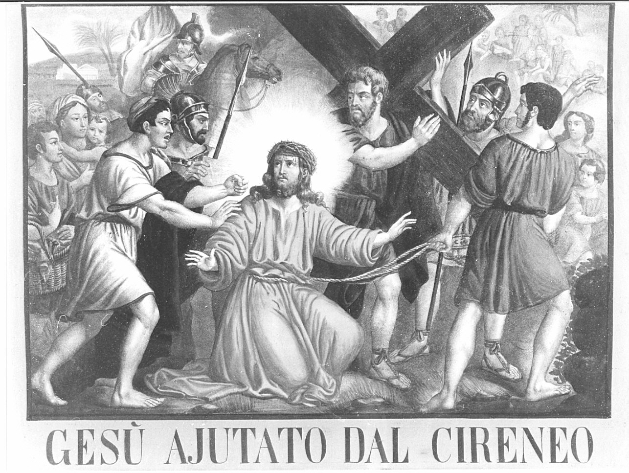 stazione V: Gesù aiutato da Simone il Cireneo a portare la croce (stampa, elemento d'insieme) - ambito lombardo (secc. XIX/ XX)