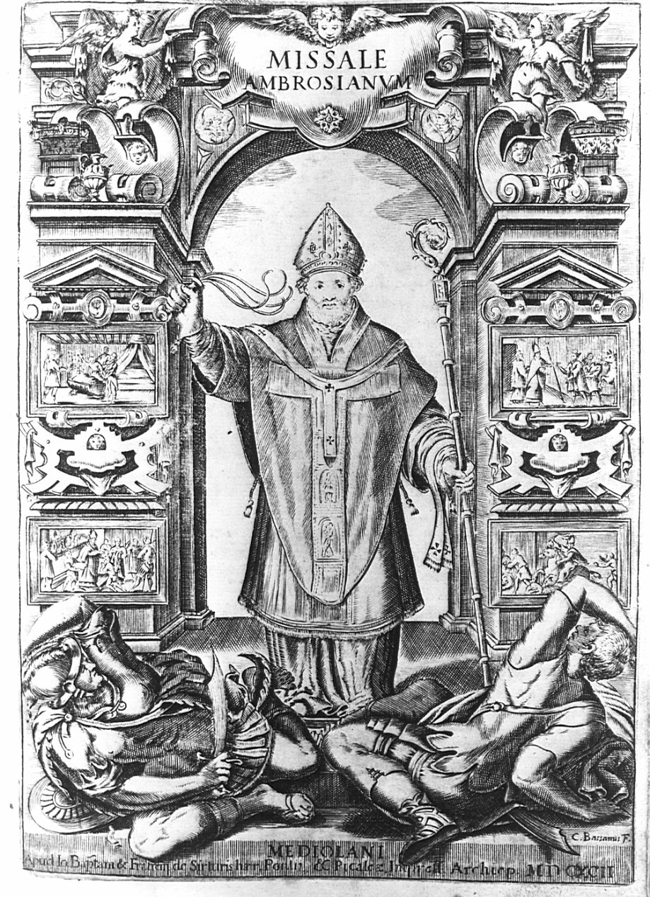 Sant'Ambrogio (stampa, elemento d'insieme) di Bassano Cesare, Meda Giuseppe, Urbino Carlo (sec. XVII)