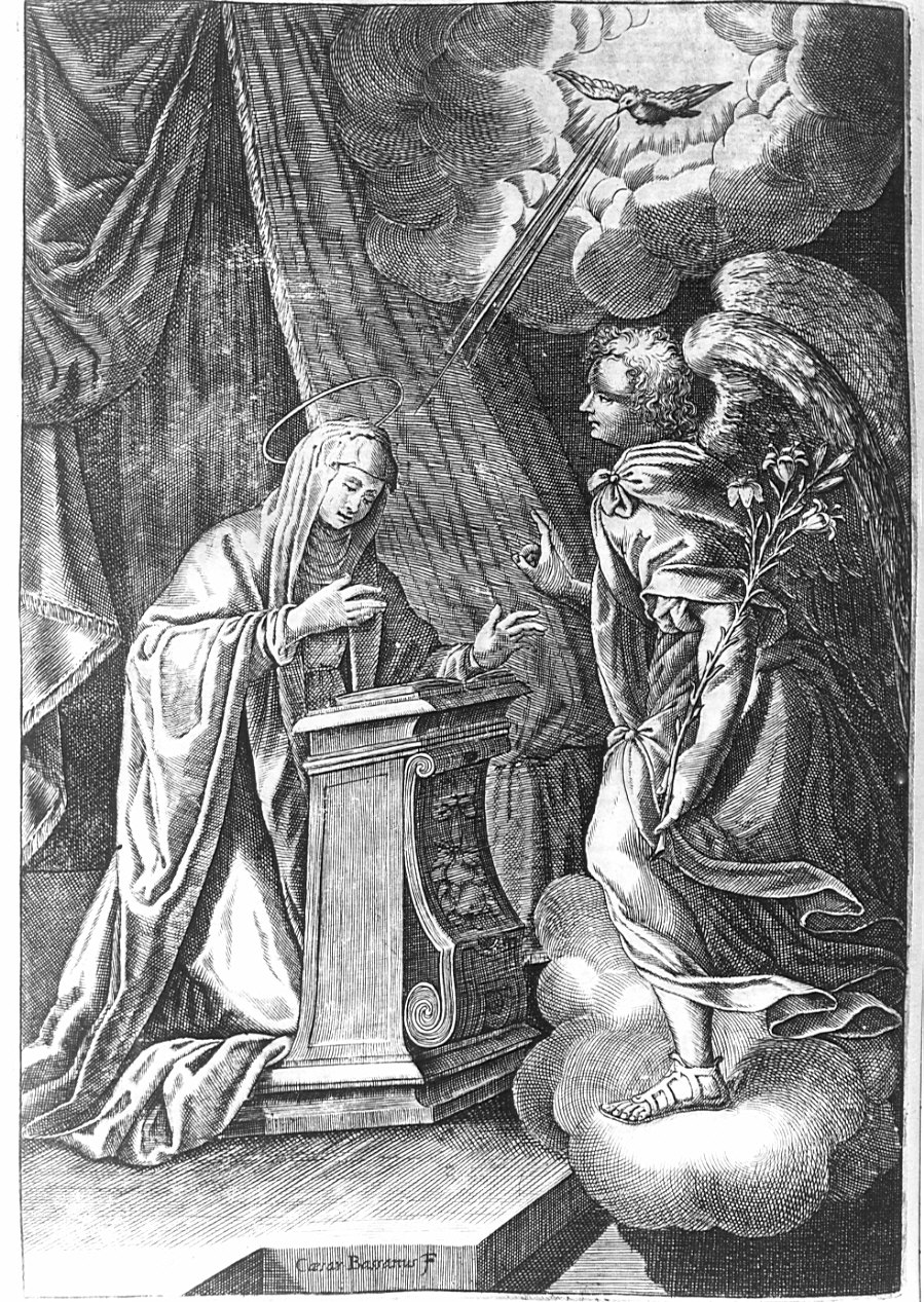Annunciazione (stampa, elemento d'insieme) di Bassano Cesare, Meda Giuseppe, Urbino Carlo (sec. XVII)