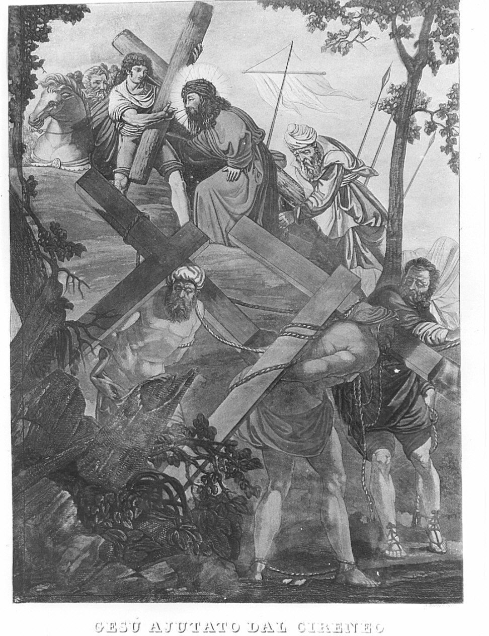 stazione V: Gesù aiutato da Simone il Cireneo a portare la croce (stampa) di Biasioli A (sec. XIX)