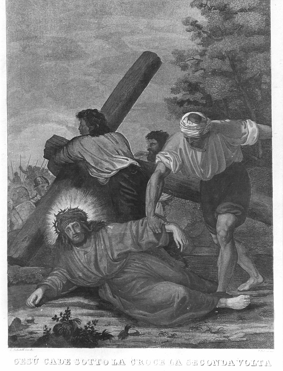 stazione VII: Gesù cade sotto la croce la seconda volta (stampa) di Sabatelli Luigi, Pistrucci Filippo (sec. XIX)