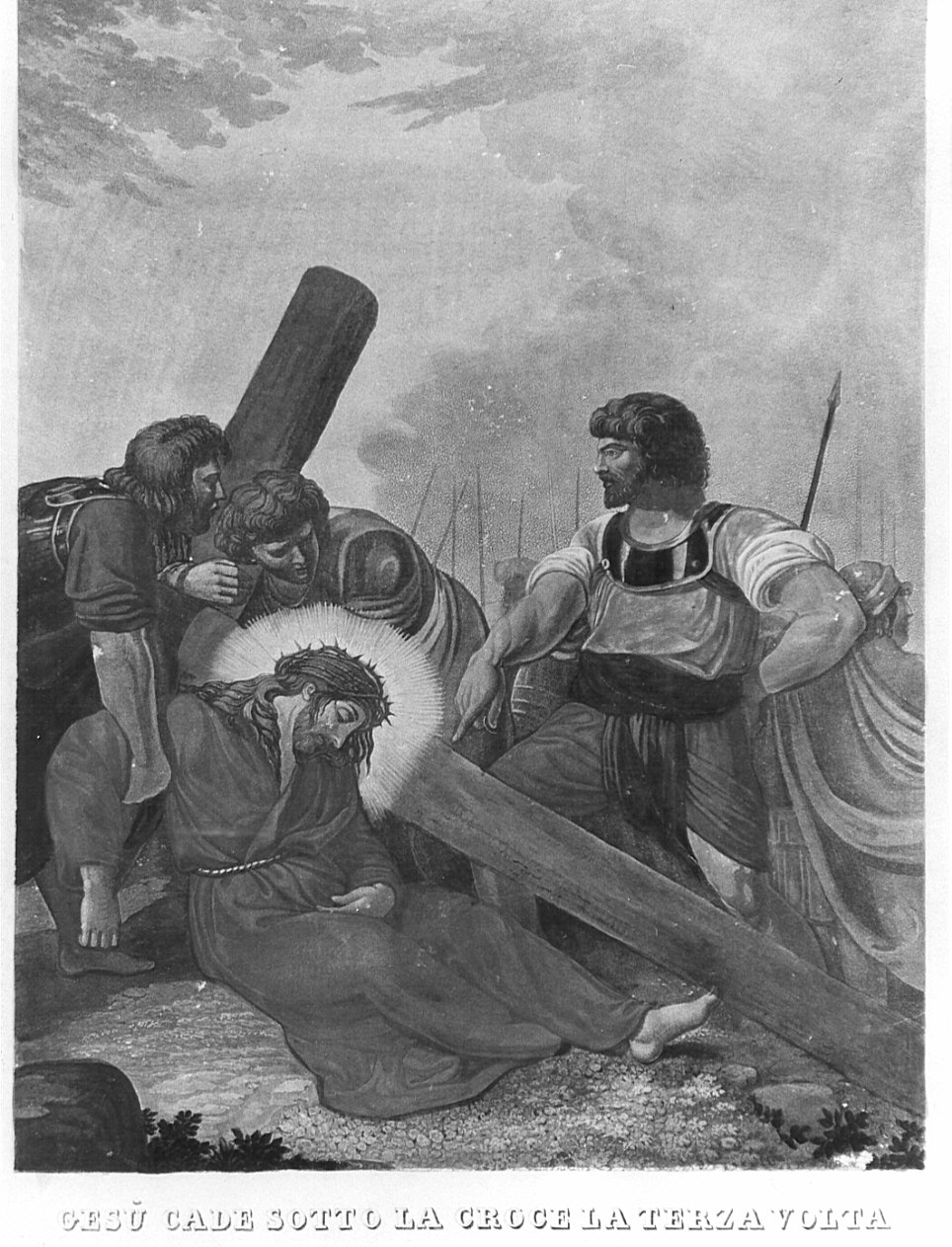 stazione IX: Gesù cade sotto la croce la terza volta (stampa) di Sabatelli Luigi (sec. XIX)