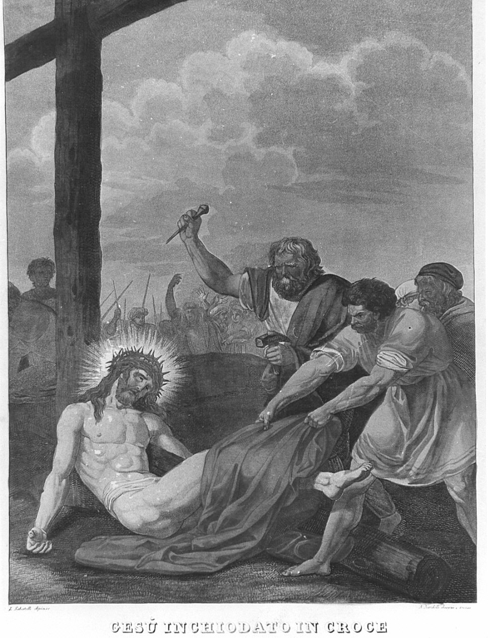 stazione XI: Gesù inchiodato alla croce (stampa) di Sabatelli Luigi, Nardello Antonio (sec. XIX)