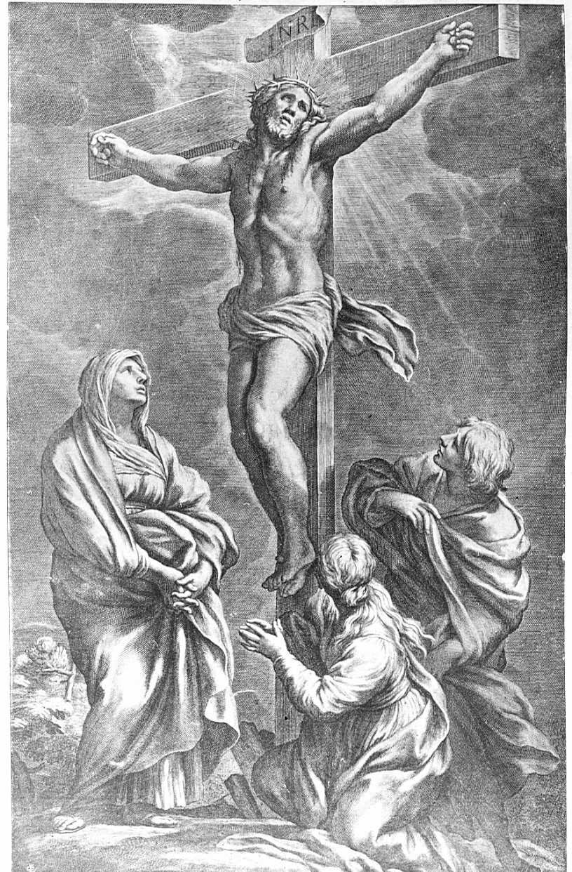 Cristo crocifisso con la Madonna, Santa Maria Maddalena, San Giovanni evangelista (stampa) - ambito italiano (sec. XIX)