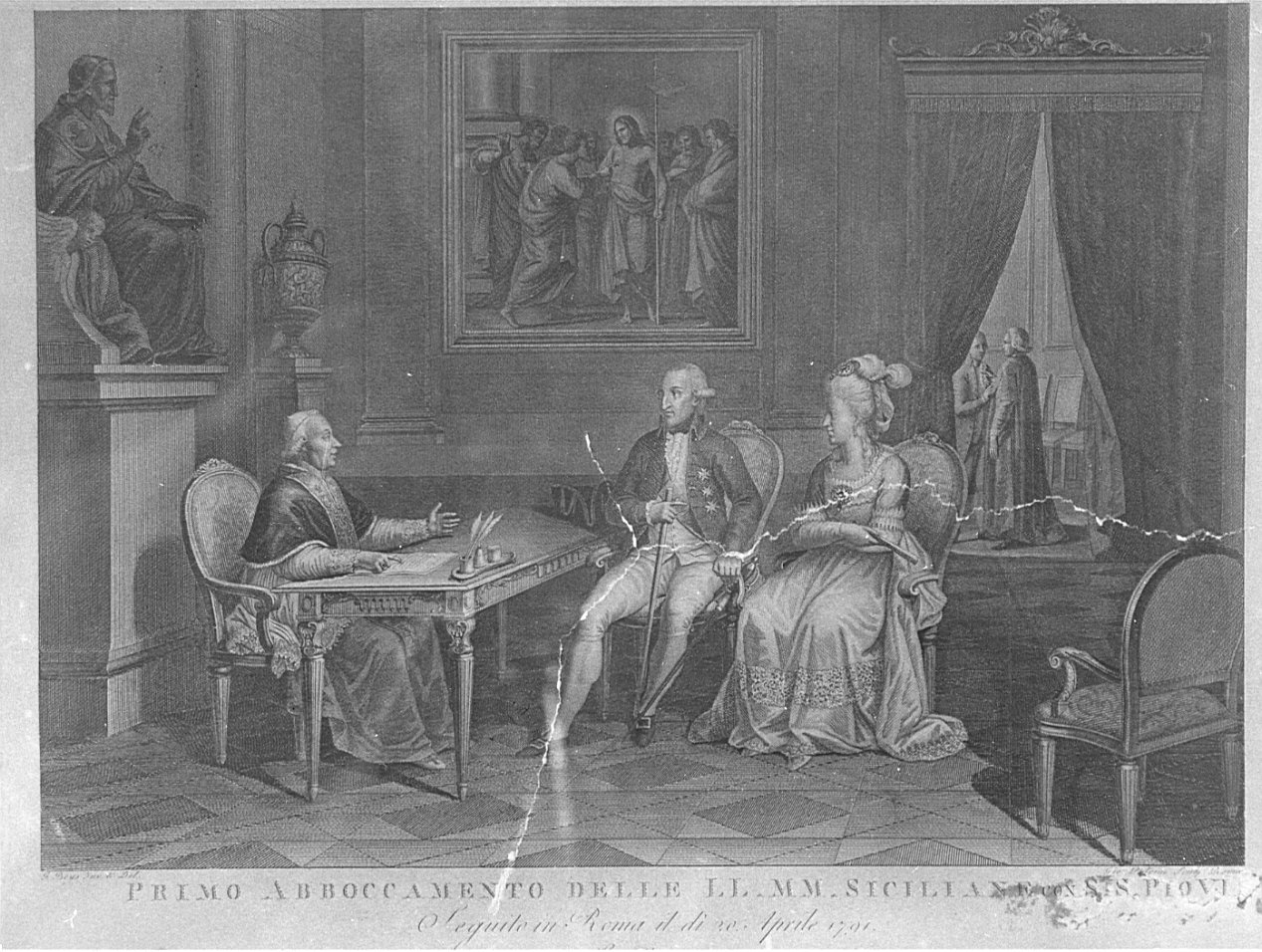 Incontro di Pio VI con i reali di Sicilia (stampa, elemento d'insieme) di Petrini Giovanni, Beys G (sec. XIX)