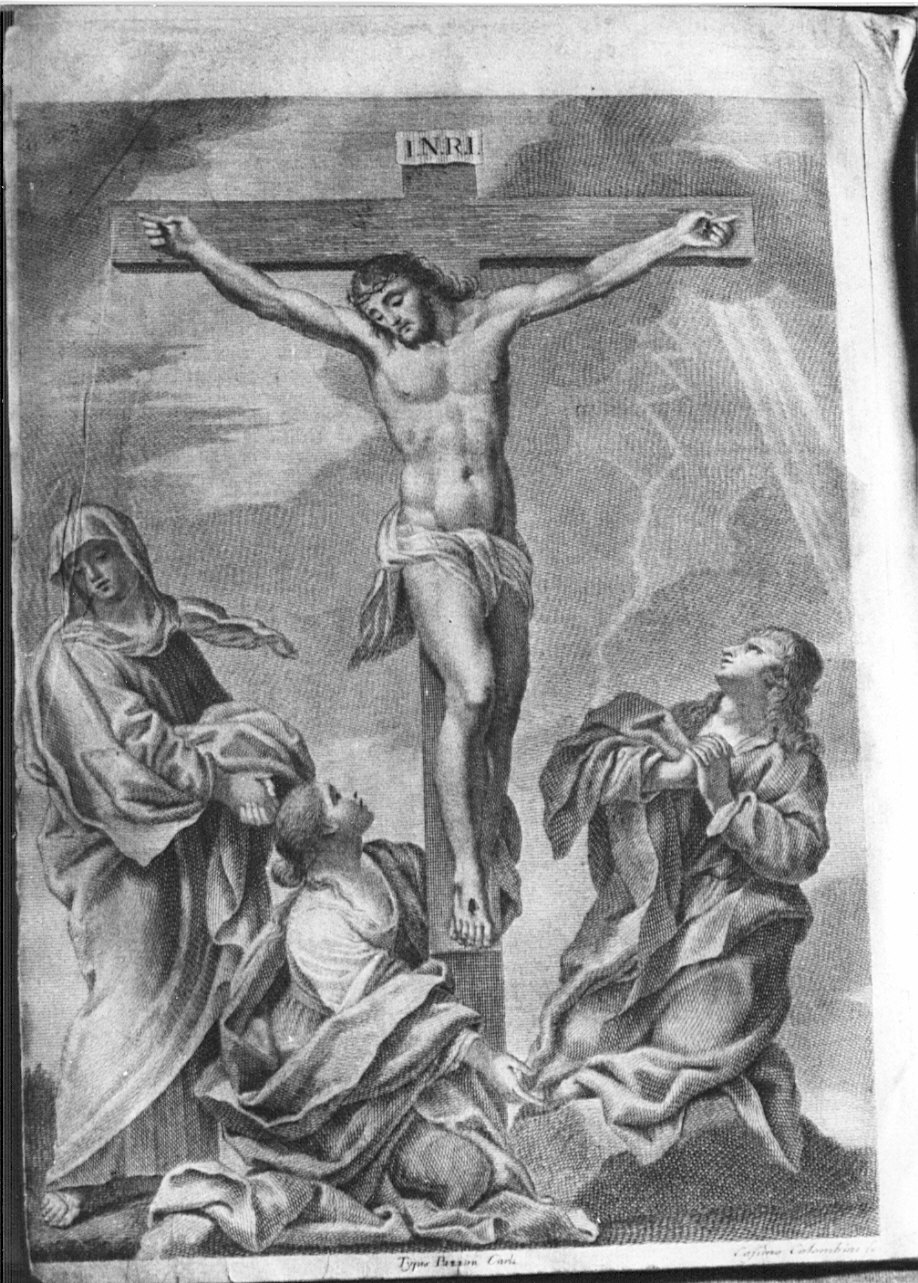 crocifissione di Cristo con la Madonna e santi (stampa) di Colombini Cosimo (sec. XVIII)