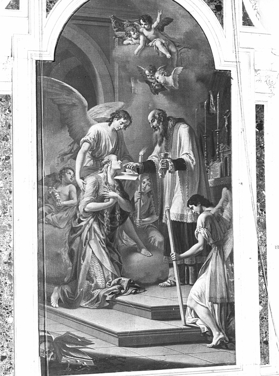 Santa Maria Maddalena riceve la comunione (pala d'altare, opera isolata) di Orelli Vincenzo Angelo (sec. XVIII)