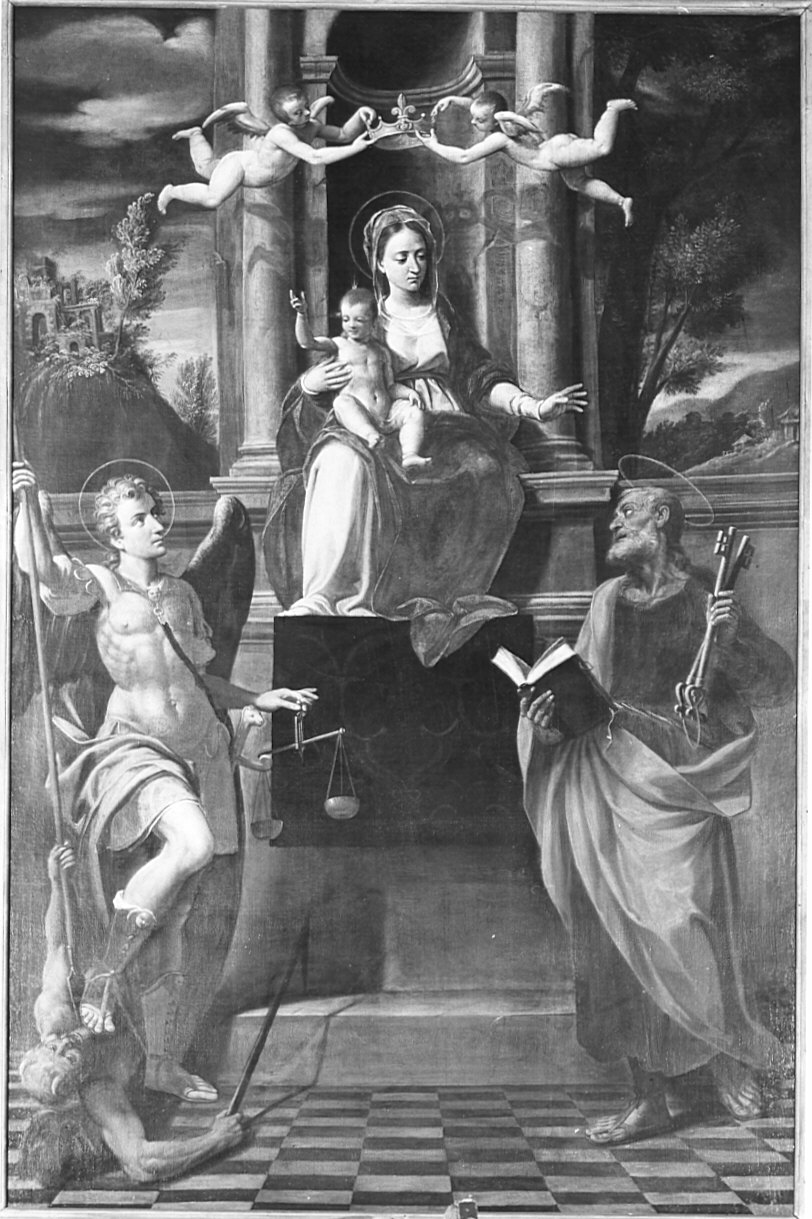 Madonna con Bambino in trono tra santi (pala d'altare, opera isolata) di Cavagna Gian Paolo (attribuito) (fine/inizio secc. XVI/ XVII)