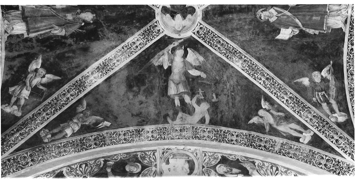 combattimento tra San Michele e Satana/ psicostasia/ angeli musicanti/ motivi decorativi a grottesche (dipinto) di De Magistris Sigismondo (sec. XVI)