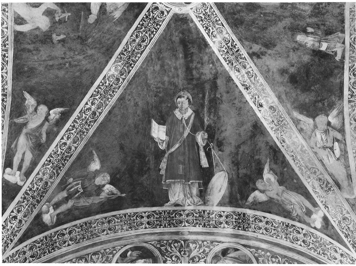 San Vincenzo/ angeli musicanti/ motivi decorativi a grottesche (dipinto) di De Magistris Sigismondo (sec. XVI)