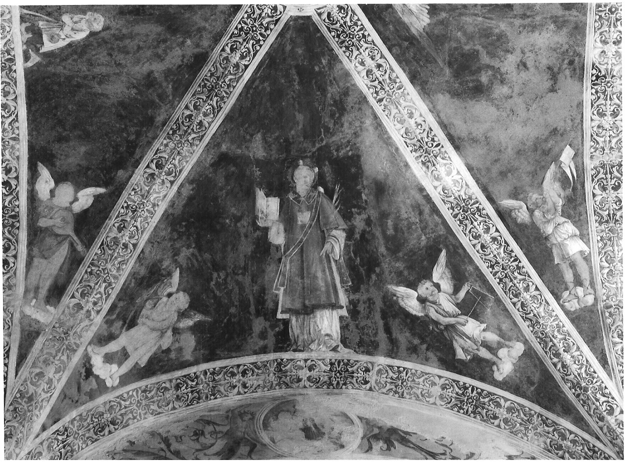 Santo Stefano/ angeli musicanti/ motivi decorativi a grottesche (dipinto) di De Magistris Sigismondo (sec. XVI)