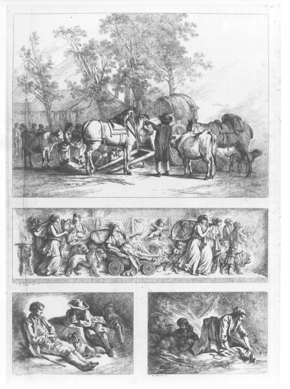 paesaggio con fattoria, fregio e contadini (stampa, serie) di Huet Jean Baptiste (sec. XIX)