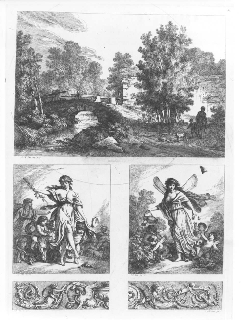 paesaggio con alberi, ninfe e fregi (stampa, serie) di Huet Jean Baptiste (sec. XIX)