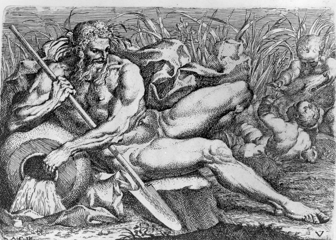Un fiume reclinato vicino al suo vaso, figura maschile con putti (stampa, serie) di Bellavia Marcantonio, Monaldini Venanzio, Carracci Annibale (sec. XVIII)