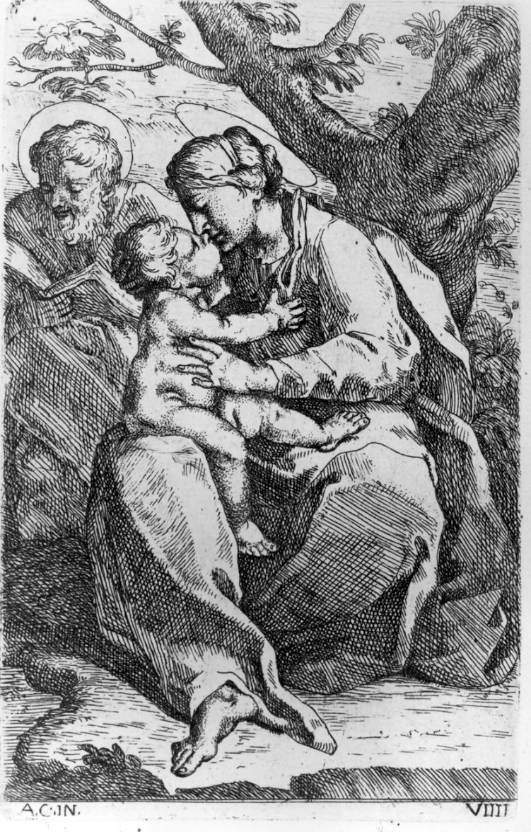 La Sacra Famiglia seduta contro un albero, Sacra Famiglia (stampa, serie) di Bellavia Marcantonio, Monaldini Venanzio, Carracci Annibale (sec. XVIII)