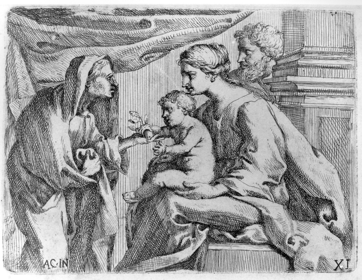 La Sacra Famiglia con Sant'Anna che dona una mela a Gesù Bambino, Sacra Famiglia con Sant'Anna (stampa, serie) di Bellavia Marcantonio, Monaldini Venanzio, Carracci Annibale (sec. XVIII)