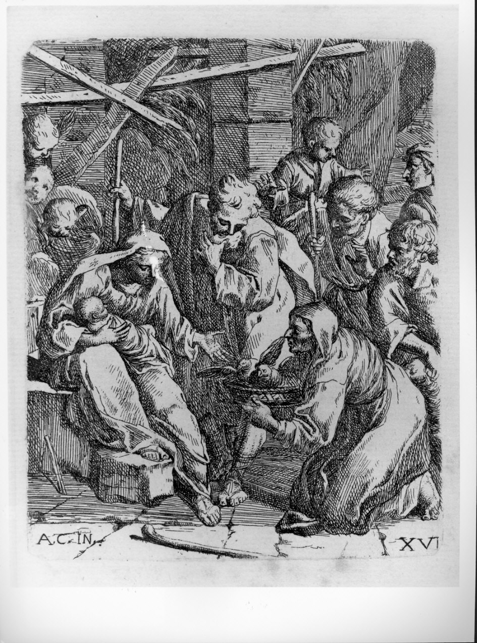 L'Adorazione dei pastori, adorazione dei pastori (stampa, serie) di Bellavia Marcantonio, Monaldini Venanzio, Carracci Annibale (sec. XVIII)