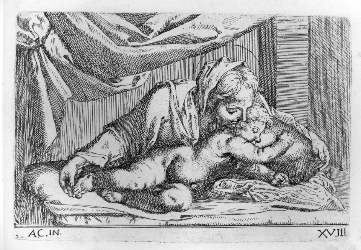 Madonna col Bambino, Madonna con Bambino (stampa, serie) di Bellavia Marcantonio, Monaldini Venanzio, Carracci Annibale (sec. XVIII)