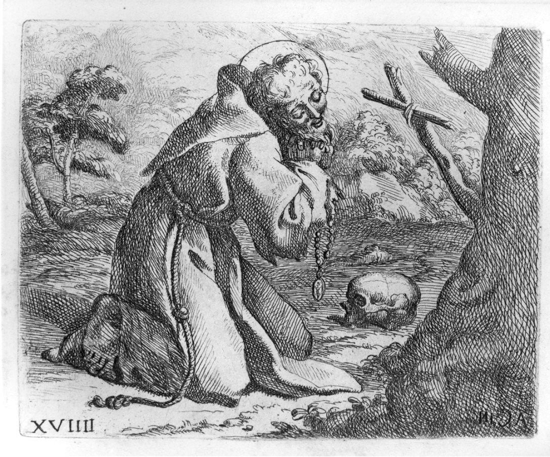 San Francesco in preghiera davanti alla Croce, San Francesco d'Assisi in preghiera davanti alla croce (stampa, serie) di Bellavia Marcantonio, Monaldini Venanzio, Carracci Annibale (sec. XVIII)