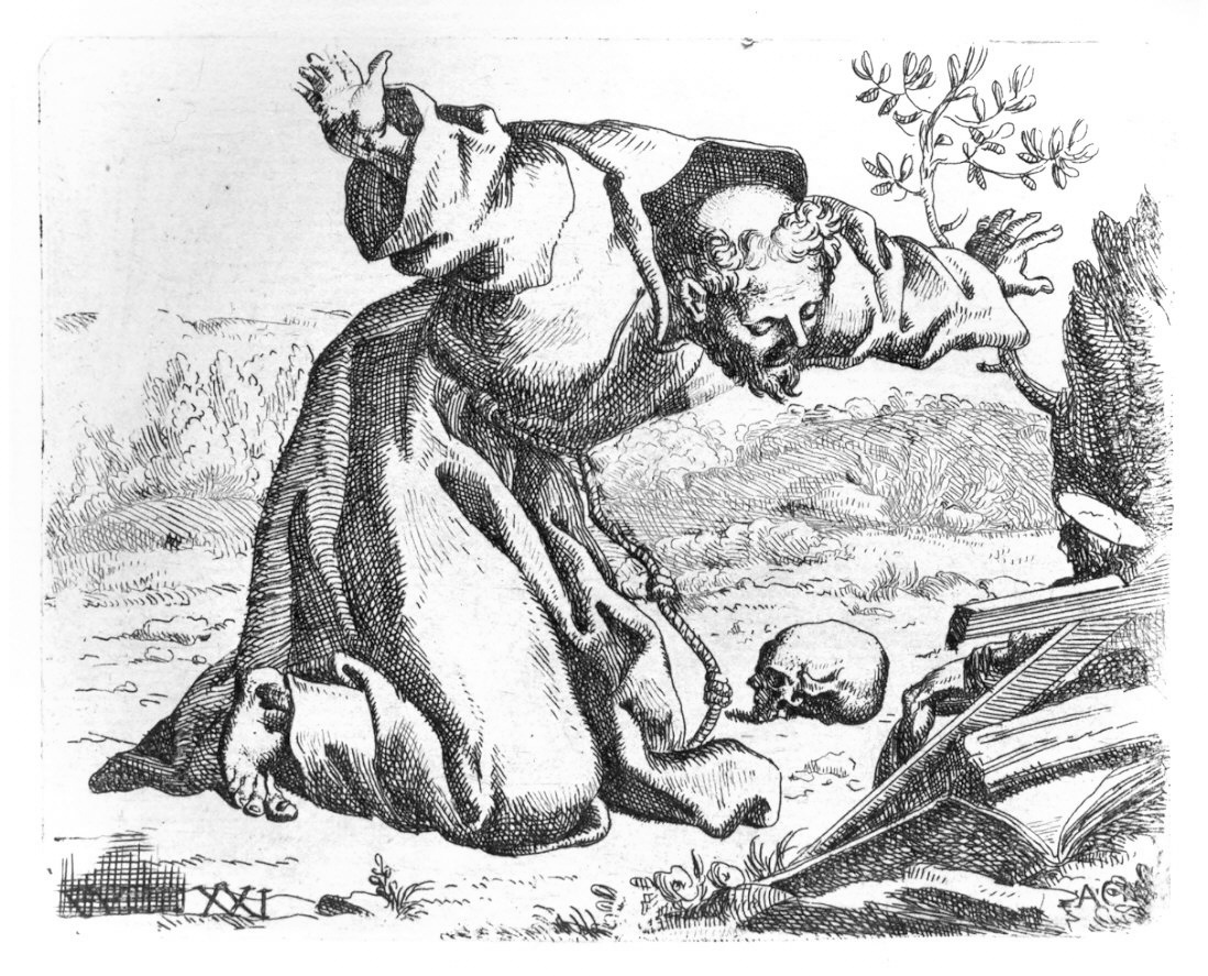 San Francesco in preghiera, San Francesco d'Assisi in preghiera davanti alla croce (stampa, serie) di Bellavia Marcantonio, Monaldini Venanzio, Carracci Annibale (sec. XVIII)