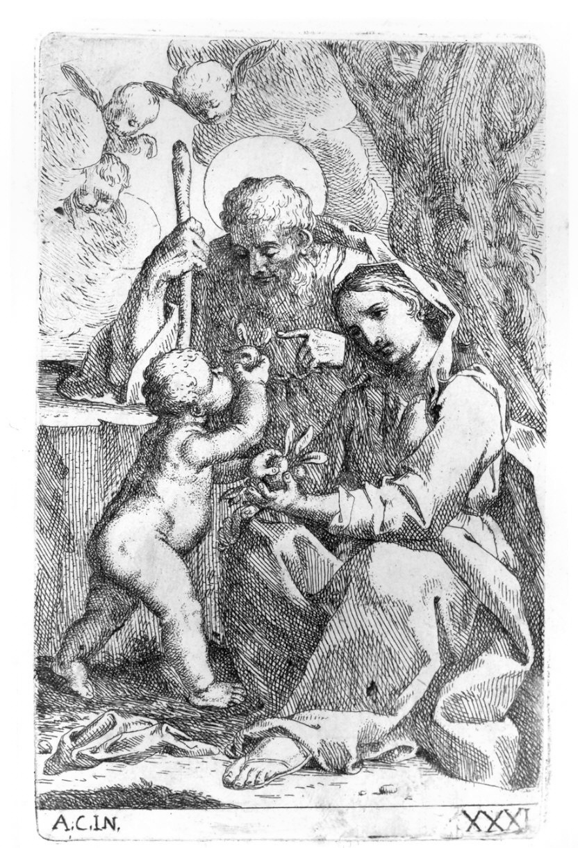 La Sacra Famiglia seduta attorno ad un albero, Sacra Famiglia (stampa, serie) di Bellavia Marcantonio, Monaldini Venanzio, Carracci Annibale (sec. XVIII)