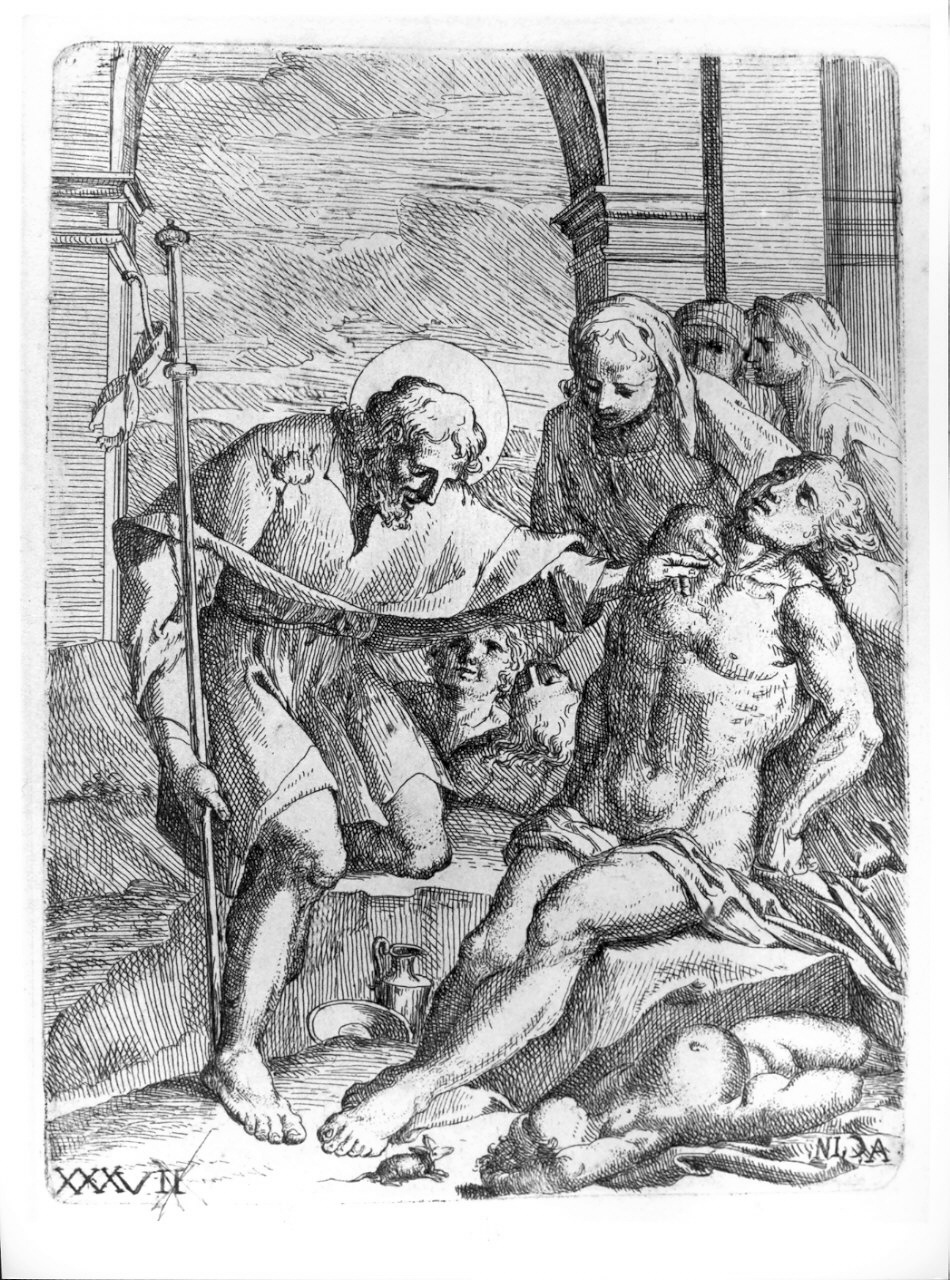 San Rocco guarisce un malato, San Rocco guarisce gli appestati (stampa, serie) di Bellavia Marcantonio, Monaldini Venanzio, Carracci Annibale (sec. XVIII)