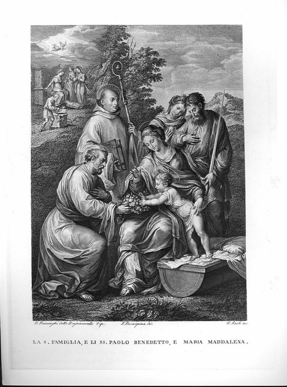 La S. Famiglia, e li SS. Paolo Bendetto, e Maria Maddalena, Sacra Famiglia con San Paolo, San Bendetto e Santa Maria Maddalena (stampa, serie) di Asioli Giuseppe, Rosaspina Francesco, Ramenghi Bartolomeo detto Bagnacavallo (sec. XIX)