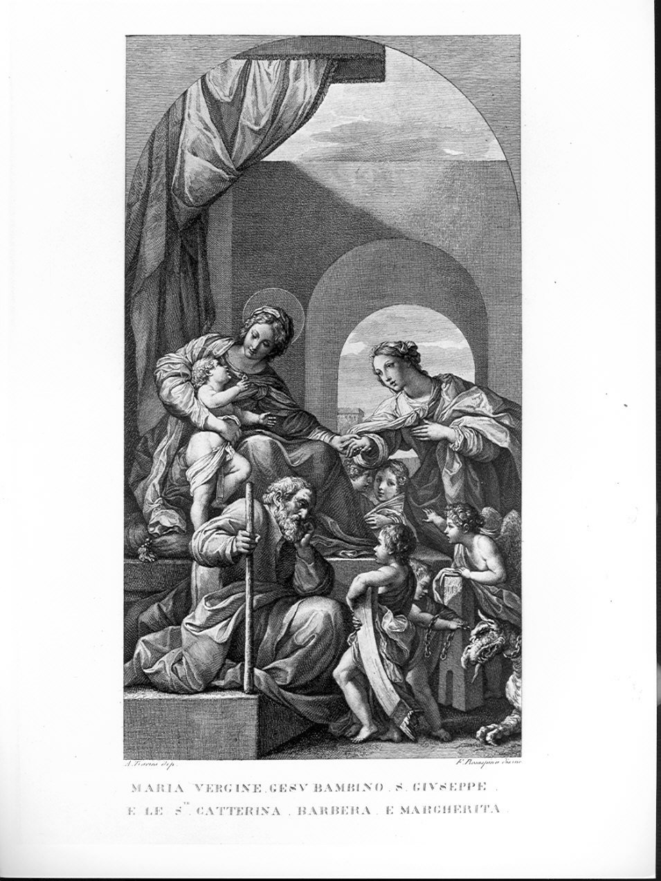 Maria Vergine, Gesù Bambino, S. Giuseppe, e le S.te Caterina, Barbera, e Margherita, matrimonio mistico di Santa Caterina d'Alessandria con Santa Barbara e Santa Margherita (stampa, serie) di Rosaspina Francesco, Tiarini Alessandro (sec. XIX)